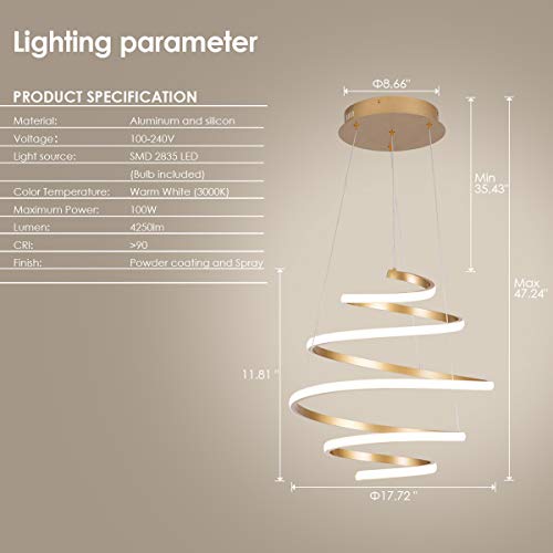 LED Modern Chandelier Not Dimmable Contemporary Pendant Light Creative Spiral Rings LED Chandelier Adjustable Pendant Lighting Fixtures for Living Room Bedroom Dining Room Hallway Kitchen, UL Listed
