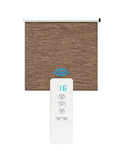 Springblinds 100% Blackout Battery Running Motorized Roller Shade with Remote Control, 29" Wx72 H Woodlook Brown, Cordless Polyester Foam Roll Expose Automated Blinds Custom Size Shades Child Safety