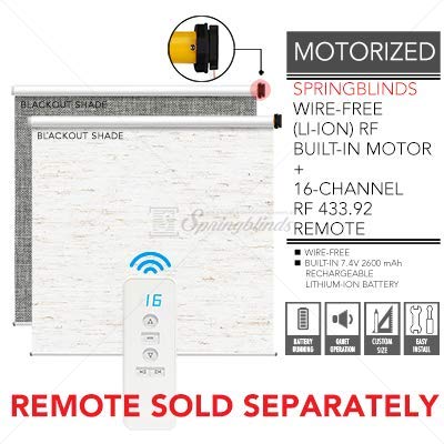 Springblinds 100% Blackout Battery Running Motorized Roller Shade with Remote Control, 68" Wx72 H White, Cordless Polyester Foam Roll Expose Automated Blinds Custom Size Shades Child Safety