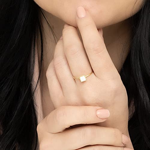 14K Solid Gold White Opal Ring - 14K Yellow Gold Dainty Solitaire Ring, October Birthstone 5x5mm Square Gemstone, Minimalist Handmade Gift, Unique Promise Ring, Delicate Jewelry Classy Gift for Women