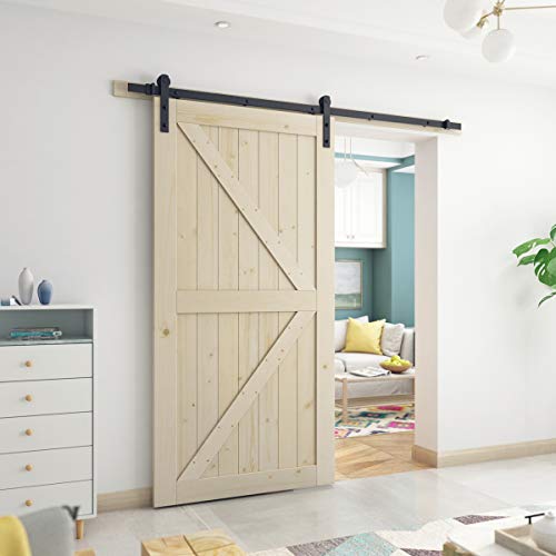 SmartStandard 42 x 84in Sliding Barn Wood Door Pre-Drilled Ready To Assemble DIY Unfinished Solid Spruce Paneled Slab Interior Natural