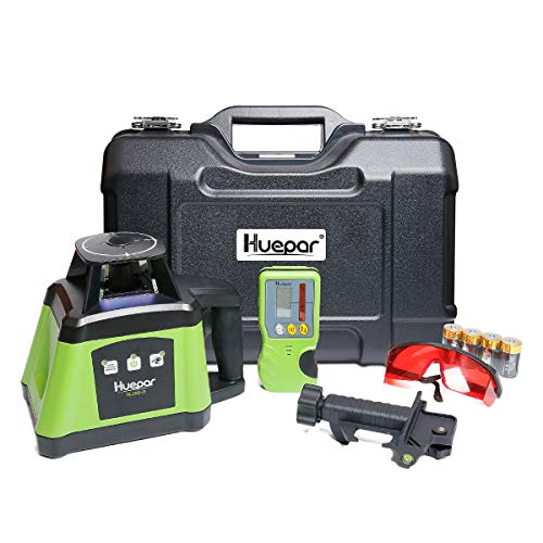 Huepar Electronic Self Leveling Rotary Laser Level Kit 360 Horizontal Beam Interior/Exterior Level Tool Receiver Protective Glasses Alkaline Battery