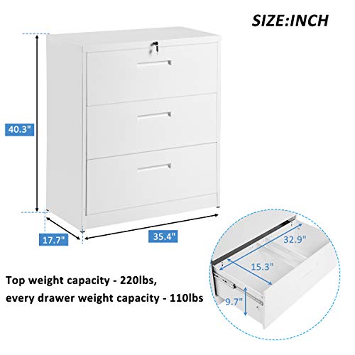 Lateral File Cabinet with 3 Drawer Lockable Metal File Cabinet Heavy Duty Filling Cabinet,White, Assembly Needed
