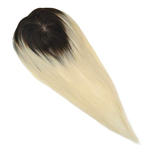 LaaVoo Topper Hair Pieces Straight Human Hairpieces for Women Ombre Darkest Brown to Light Blonde Ombre With Mono Base 5X5 inch Long Topper Hair Extensions 130% Density Free Part Human Hair