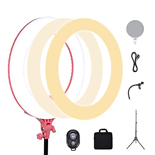 18" Selfie Ring Light|Dimmable/High Light|Cell Phone Holder|Bluetooth Remote|69inch Tripod Stand|Make up Mirror|Live Stream/Makeup/Selfie/YouTube Video/Photography/Zoom Video (18" Pink)