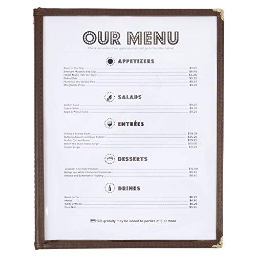 (60 Pack) 3 Page Book Fold Menu Covers, Brown, 6 View, 8.5 x 11-inches Insert Menu Covers with Double Stitched Binding and Protective Corners
