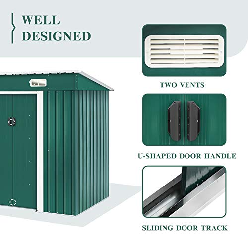 Solaura 6'x4' Outdoor Vented Storage Shed Garden Backyard Tool Steel Cabin (Green)
