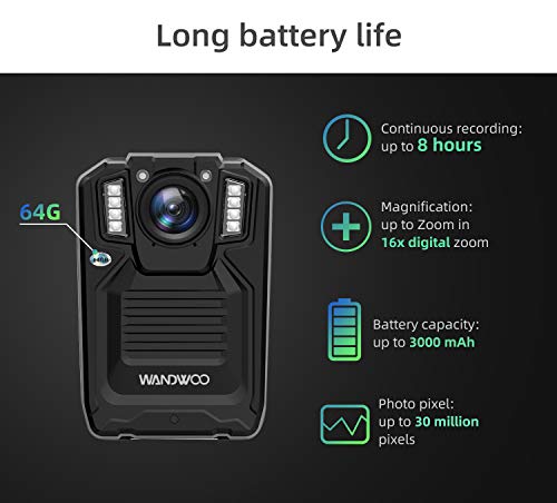 1296P Body Camera for Law Enforcement, Wandwoo Police Camera with 128GB Memory Infrared Night Vision Wide Angle IP66 Waterproof Photo Video Audio Recorder 2inch Display for Law Enforcement