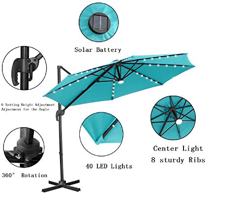 10 FT Patio Umbrella Cantilever Umbrella with Solar LED Light 360° Rotation Hanging Umbrella with Tilt & Crank Outdoor Market Umbrella,8 Sturdy Ribs(Blue)