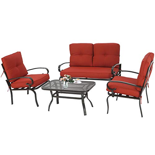 Incbruce 4Pcs Outdoor Indoor Patio Furniture Conversation Set (Loveseat, Coffee Table, 2 Chairs) - Steel Frame Patio Seating Set with Red Cushions