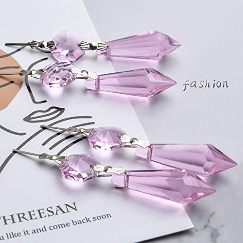20 Pieces Chandelier Icicle Crystal U-Drop Prisms Lamp Parts Glass Pendants Beads for Wedding, Party or Holiday Decoration, 37mm, Pink