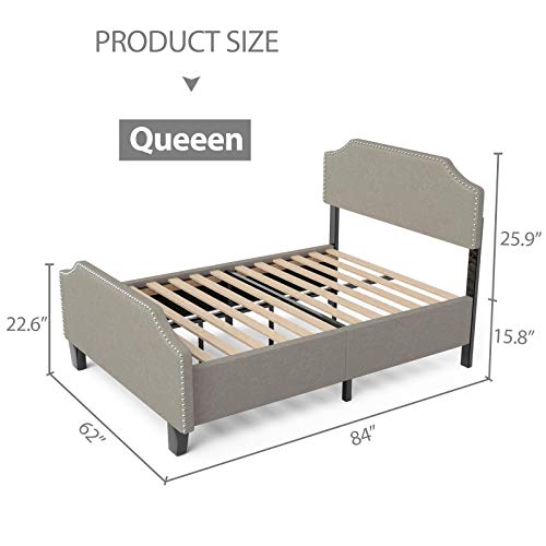 LAGRIMA Upholstered Linen Platform Bed, Curved Shape Headboard, Footboard and Metal Frame with Sticky Wood Slat Support, Headboard Height Adjustable, Khaki, Queen