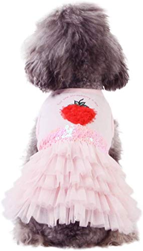 KYEESE Dog Dresses Strawberry Tiered Ruffle Dogs Dresses Pink with Sequins Medium Dog Dress for Sprimg Summer
