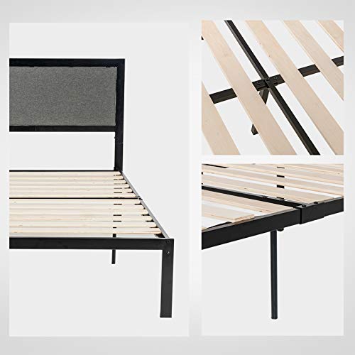 LAGRIMA Heavy Duty Metal Queen Bed Frame/Platform Bed with Grey Foam Cushioned Upholstered Headboard/with Solid Wood Slats Support/Mattress Foundation/Queen, Black