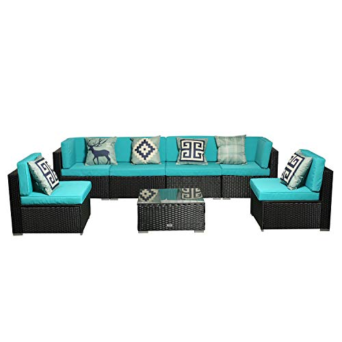 U-Eway Patio Furniture Sets All-Weather Outdoor Sectional Sofa Yard Manual Weaving Wicker Rattan Cushion Glass Table