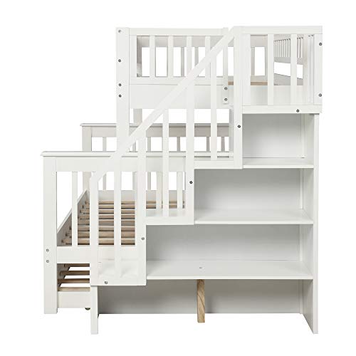 Merax Twin Over Full Stairway Bunk Bed with Storage and Trundle Bed, No Box Spring Required, White