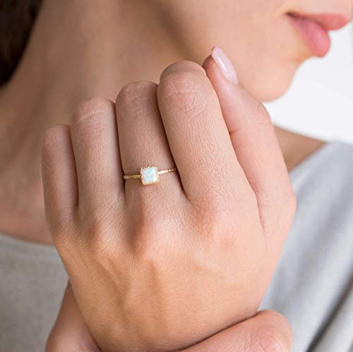 14K Solid Gold White Opal Ring - 14K Yellow Gold Dainty Solitaire Ring, October Birthstone 5x5mm Square Gemstone, Minimalist Handmade Gift, Unique Promise Ring, Delicate Jewelry Classy Gift for Women