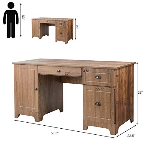 Tangkula 59 Inches Computer Desk, Wood Executive Desk Home Office Desk with Storage Drawers & Cabinet, Writing Study Table Computer Workstation, PC Laptop Desk for Bedroom & Office (Natural)