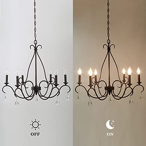 LALUZ Rustic Farmhouse Chandelier, 6-Light Bronze French Country Chandeliers with Crystal Pendants for Dining Room, Living Room, Kitchen, 28''