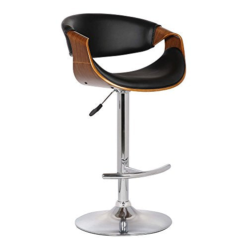 Armen Living Butterfly Swivel Adjustable Barstool in Black Faux Leather and Walnut Wood Finish