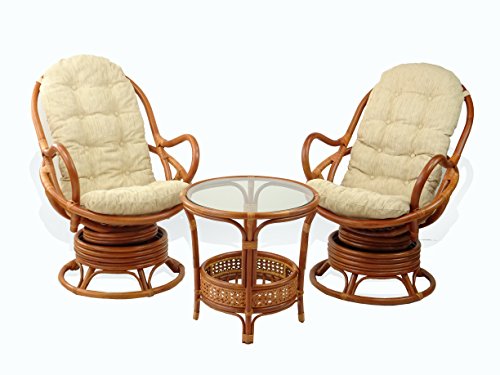 Java Lounge Swivel Rocking Chair with Cream Cushion Natural Rattan Wicker Handmade, Colonial