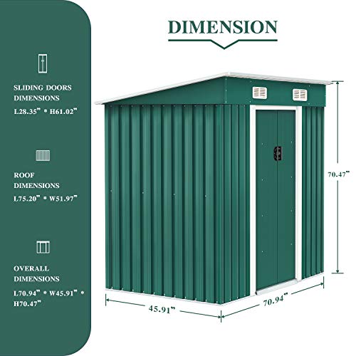 Solaura 6'x4' Outdoor Vented Storage Shed Garden Backyard Tool Steel Cabin (Green)
