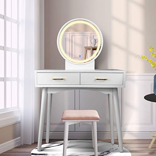 Vanity Lighted LED Touch Screen Dimming Round Mirror Makeup Dressing Table W/ 2 Sliding Drawers 1 Cushioned Stool