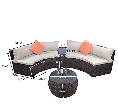 LZ LEISURE ZONE 6-Piece Outdoor Patio Sofa Furniture Sets Half-Moon Sectional Wicker W/ Two Pillows & Coffee Table Beige Cushions