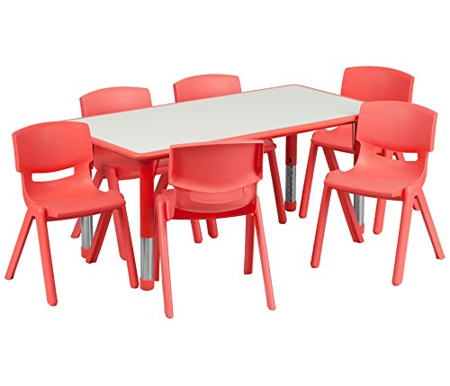 Flash Furniture 23.625''W x 47.25''L Rectangular Red Plastic Height Adjustable Activity Table Set with 6 Chairs