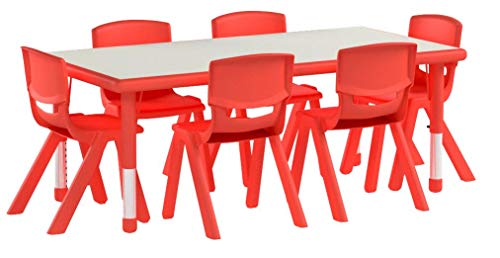 Flash Furniture 23.625''W x 47.25''L Rectangular Red Plastic Height Adjustable Activity Table Set with 6 Chairs