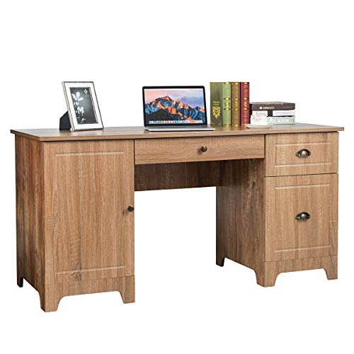 Tangkula 59 Inches Computer Desk, Wood Executive Desk Home Office Desk with Storage Drawers & Cabinet, Writing Study Table Computer Workstation, PC Laptop Desk for Bedroom & Office (Natural)