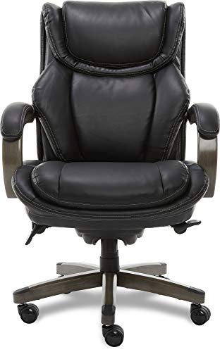 LaZBoy Big & Tall Executive Office Comfort Core Cushions, Ergonomic High-Back Chair with Solid Wood Arms, Bonded Leather, Black