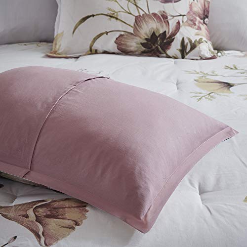 Madison Park Cassandra 8 Pc 100% Cotton Percale Large Floral Print with Reverse Solid Embroidered and Tufted Toss Pillows Shabby Chic All Season Comforter Bedding Set, Cal King, Blush