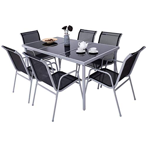 Giantex 7 Pcs Patio Dining Set with Metal Frame for Outdoor Lawn Garden Tempered Glasstop Cool Fabric Chairs Bistro Patio Dining Table Sets, Black