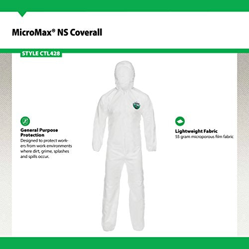 Lakeland Industries Inc MicroMax NS Microporous General Purpose Disposable Coverall with Hood, Elastic Cuff, 5X-Large, White (Case of 25)