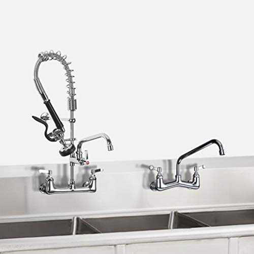 JZBRAIN Double Handle Commercial Kitchen 25" Height 8" Center Wall Mount Faucet with Pull Down Pre-Rinse Spray and Add-on Swing Spout