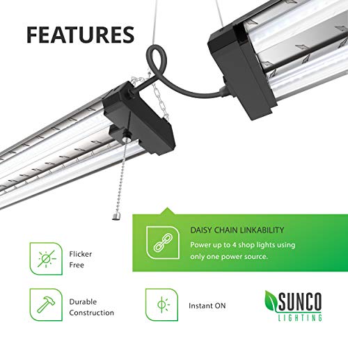 Sunco Lighting 12 Pack Industrial LED Shop Light, 4 FT, Linkable Integrated Fixture, 40W=260W, 5000K Daylight, 4000 LM, Surface + Suspension Mount, Pull Chain, Utility Light, Garage- Energy Star