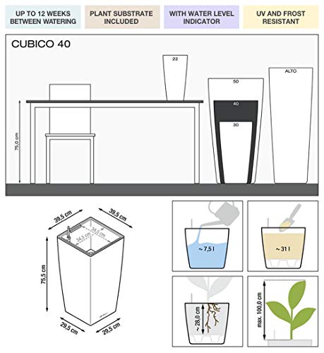 LECHUZA CUBICO 40 Self Watering Planter Garden Flower Plant Pot Indoor/Outdoor Floor Planter with Drainage Hole and Plant Substrate Poly Resin H75 L40 W40 cm Black High-Gloss