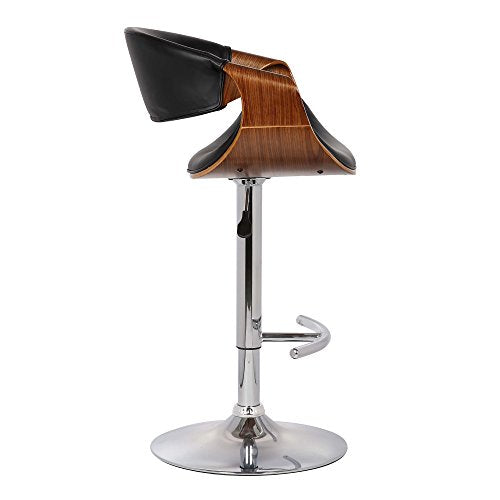 Armen Living Butterfly Swivel Adjustable Barstool in Black Faux Leather and Walnut Wood Finish