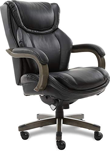 LaZBoy Big & Tall Executive Office Comfort Core Cushions, Ergonomic High-Back Chair with Solid Wood Arms, Bonded Leather, Black
