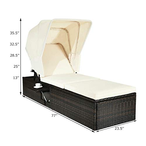 Tangkula Outdoor Chaise Lounge Chair with Folding Canopy, Adjustable Cushioned Reclining Chair with Flip-up Tea Table, Rattan Sun Lounger for Beach Poolside Backyard Balcony Porch (1)