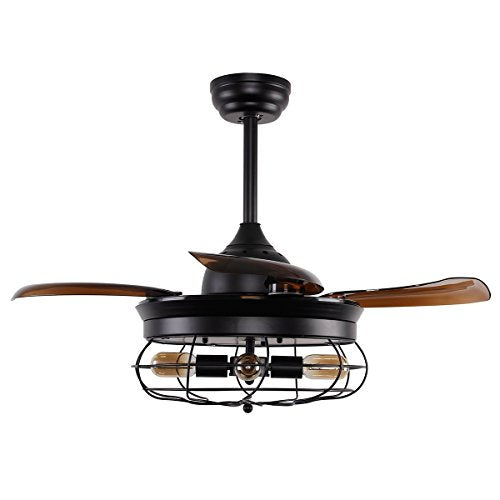 Vintage Ceiling Fan with Lights 34 Inch Retractable 3 Blades Industrial Chandelier Ceiling Fan with 4 Edison Bulbs, Not Included, Black