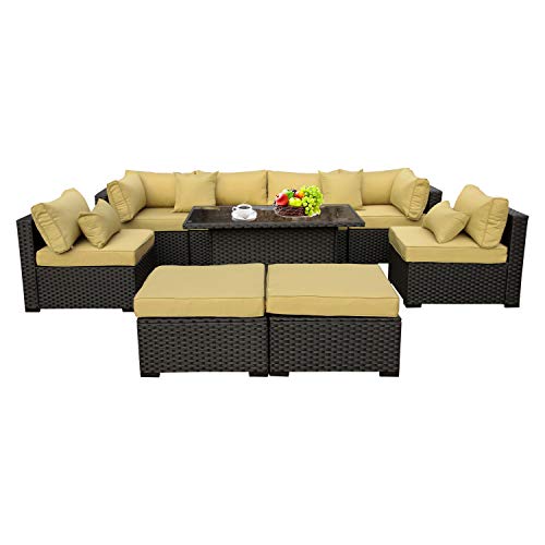 Outdoor PE Wicker Rattan Furniture Set - 9 Piece Patio Garden Sectional Sofa Chair with Olive Green Cushion