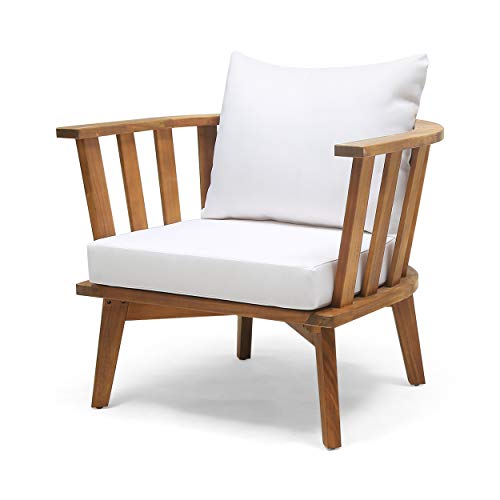 Christopher Knight Home 309123 Dean Outdoor Wooden Club Chair with Cushions, White and Teak Finish