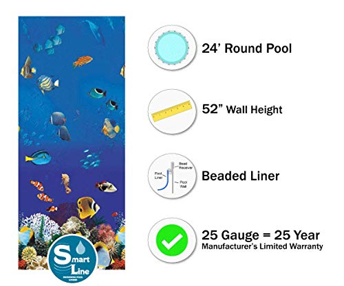 Smartline Caribbean 24-Foot Round Liner | Beaded Style | 52-Inch Wall Height | 25 Gauge Virgin Vinyl | Designed for Steel Sided Above-Ground Swimming Pools | Universal Gasket Kit Included