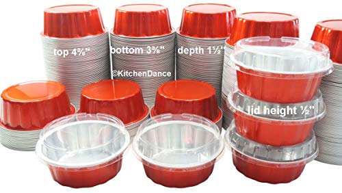 KitchenDance Disposable Colored Aluminum 8 oz. Individual Cake Cups- Tart Pans-Dessert Pans. Color and Lid Options #A8 (1000, Red with Lids)