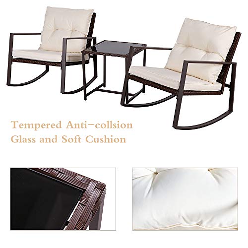 BonusAll 3 Pieces Outdoor Patio Set Rocking Chair Patio Furniture Sets Conversation Sets with Coffee Table Light Blue