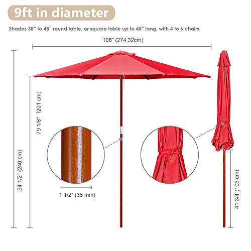LEGENDARY-YES 9' Foot Red Polyester Umbrella 8-Rib Solid Sycamore Wood Pole Pulley for Outdoor Patio Furniture Overhead Cover Canopy UV Protection Sun Shade Café Shop