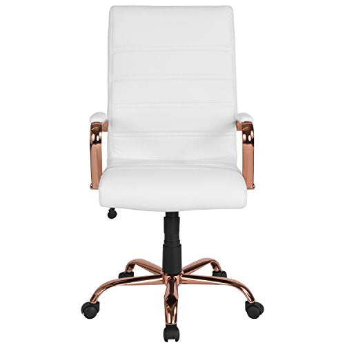 Flash Furniture High Back White LeatherSoft Executive Swivel Office Chair with Rose Gold Frame and Arms, BIFMA Certified