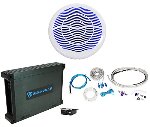 Rockville MS10LW 10" 2400w White Marine/Boat 10" LED Free Air Subwoofer+Mono Amp+Wire Kit